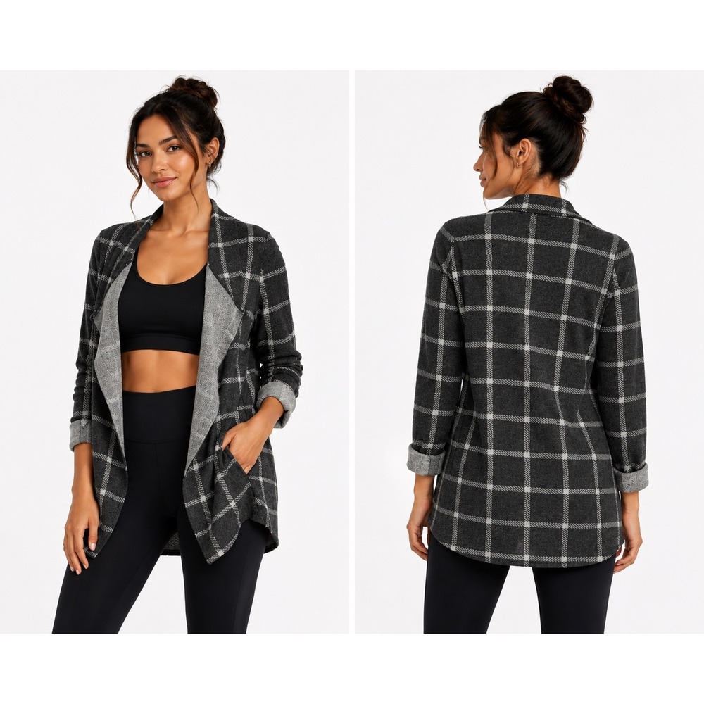 Jones New York Cardigan Women Medium Grey Plaid Open Front Knit Sweater Layer